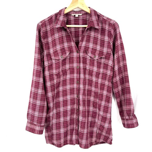 Royal Robbins wool blend button up front plaid hiking shirt pink tunic shirt S - Picture 1 of 9